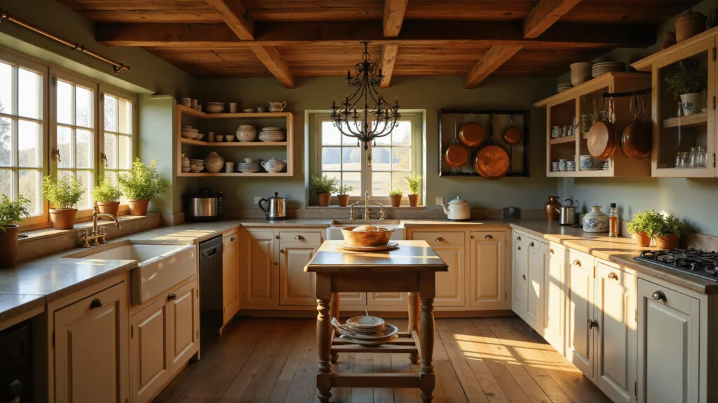 A rustic French country kitchen illuminated by golden hour sunlight, highlighting a distressed island, cream cabinets with brass hardware, and hanging copper pots. Exposed beams and sage green walls frame open shelves with ceramics, while a vintage chandelier hangs above. Fresh herbs line the windowsill, and dust particles catch light in the warm, photorealistic scene.