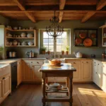 A rustic French country kitchen illuminated by golden hour sunlight, highlighting a distressed island, cream cabinets with brass hardware, and hanging copper pots. Exposed beams and sage green walls frame open shelves with ceramics, while a vintage chandelier hangs above. Fresh herbs line the windowsill, and dust particles catch light in the warm, photorealistic scene.