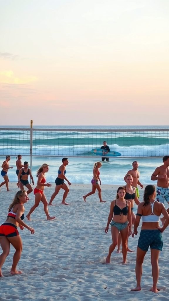 A vibrant beach scene with people playing volleyball and surfing during sunset.