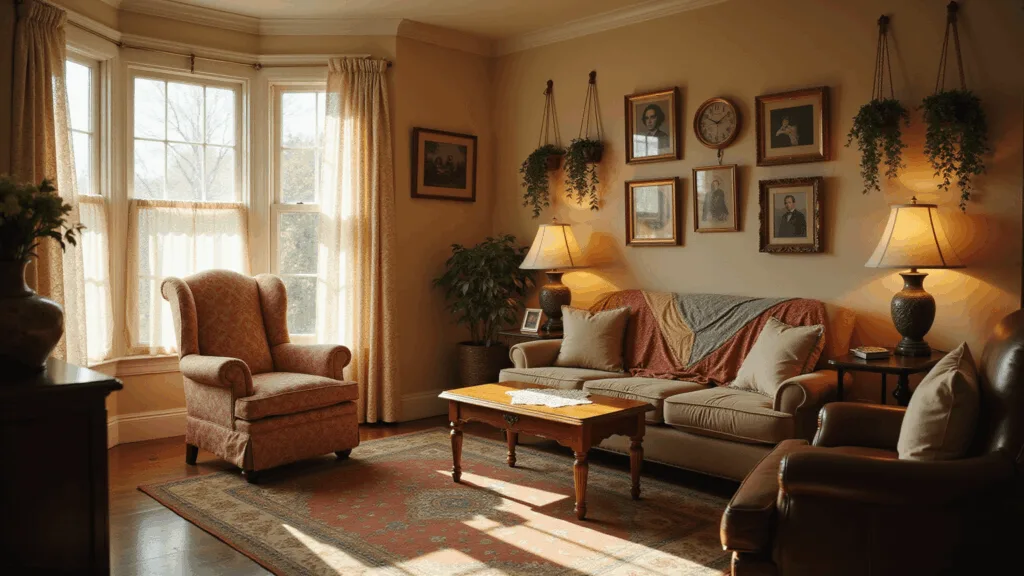 A sunlit Victorian living room featuring a rose chintz armchair, weathered oak coffee table with doilies, muted coral and sage Persian rug, and a gallery wall of family photos. Warm light from vintage oil lamps highlights handmade quilts on a worn leather sofa, macramé plant hangers, and dried hydrangeas in Depression glass vases.