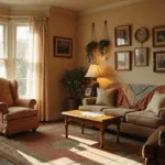 A sunlit Victorian living room featuring a rose chintz armchair, weathered oak coffee table with doilies, muted coral and sage Persian rug, and a gallery wall of family photos. Warm light from vintage oil lamps highlights handmade quilts on a worn leather sofa, macramé plant hangers, and dried hydrangeas in Depression glass vases.