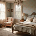 A sunlit Victorian bedroom featuring a brass-framed queen bed with vintage quilts and embroidered pillows, an ornate wooden dresser with antique glassware, a blush velvet wingback chair, and a Persian rug, all bathed in warm golden hour light.