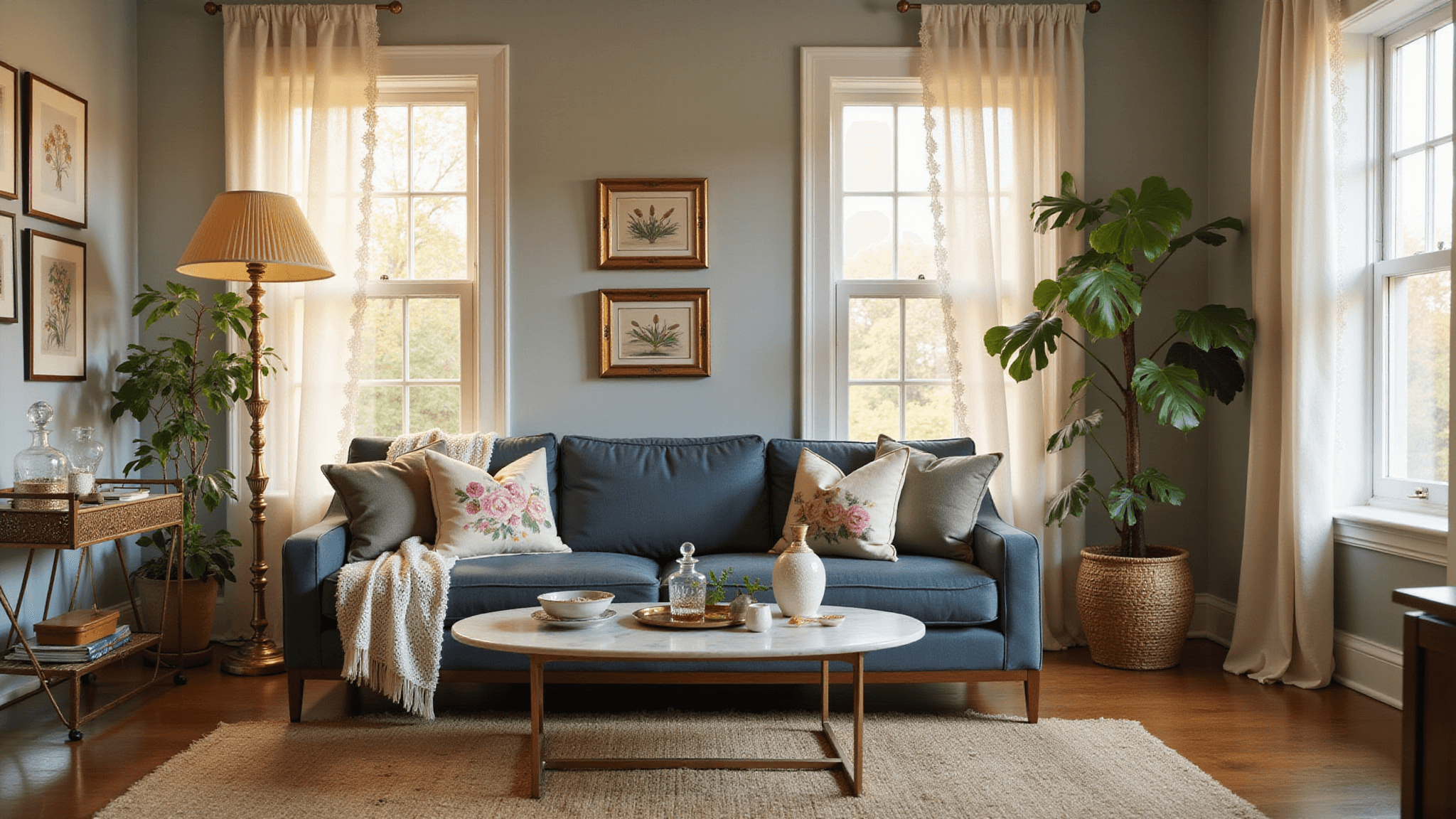 Photorealistic image of a sunlit living room featuring a slate blue mid-century modern sofa with vintage floral pillows, an ornate brass floor lamp, and a gallery wall of antique botanical prints, all accented by warm ambient light and layered rugs.
