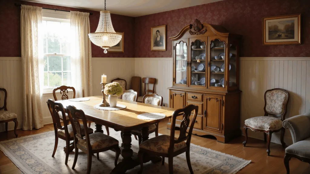 A sunlit dining room showcasing a vintage atmosphere with a weathered oak farmhouse table, mismatched chairs, Blue Willow china, and soft afternoon light filtering through lace curtains.