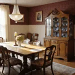A sunlit dining room showcasing a vintage atmosphere with a weathered oak farmhouse table, mismatched chairs, Blue Willow china, and soft afternoon light filtering through lace curtains.
