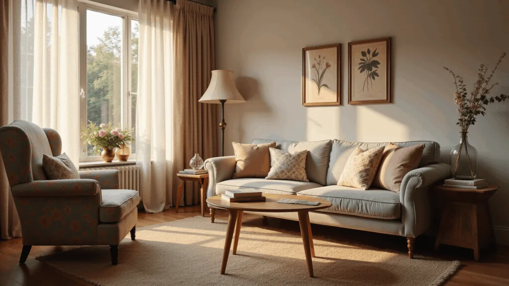 Photorealistic living room at golden hour featuring a vintage-meets-modern aesthetic with a floral-patterned wingback chair, a dove gray sofa with embroidered pillows, brass arc lamp, layered rugs, and botanical prints, illuminated by warm sunlight streaming through lace curtains.