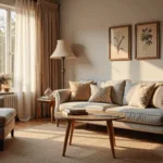 Photorealistic living room at golden hour featuring a vintage-meets-modern aesthetic with a floral-patterned wingback chair, a dove gray sofa with embroidered pillows, brass arc lamp, layered rugs, and botanical prints, illuminated by warm sunlight streaming through lace curtains.