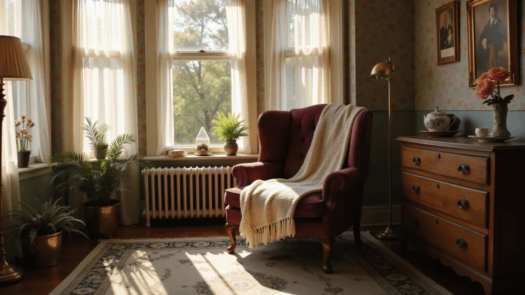 A sunlit Victorian living room featuring a deep burgundy velvet wingback chair, faded Persian rug, vintage teacups on a distressed oak dresser, and delicate floral wallpaper, all illuminated by golden hour light with dust motes dancing in the air.