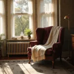 A sunlit Victorian living room featuring a deep burgundy velvet wingback chair, faded Persian rug, vintage teacups on a distressed oak dresser, and delicate floral wallpaper, all illuminated by golden hour light with dust motes dancing in the air.