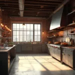 A spacious industrial loft kitchen with exposed brick walls, large windows, and polished concrete floors, featuring a stainless steel island, copper cookware, and natural morning light creating dramatic shadows.