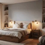 A cozy and intimate small bedroom design featuring a platform bed with layered bedding, walnut nightstands with brass sconces, and warm golden hour light streaming through sheer curtains, all complemented by a serene pale blue accent wall and textural elements like a plush rug and velvet pillows.