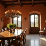 Luxurious Italian dining room at golden hour with dramatic sunlight through arched windows, featuring a walnut dining table, leather chairs, terracotta walls, wooden beams, and a wrought iron chandelier.