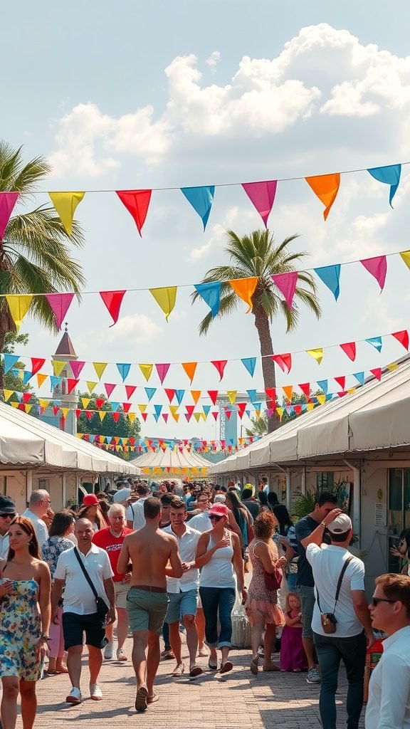 A lively summer celebration with colorful flags and a crowded market