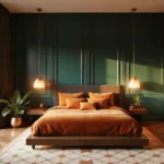 Luxurious bedroom with emerald green walls, burnt orange bedding, and brass lighting, bathed in golden hour sunlight.
