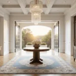 A luxurious modern foyer with a double-height entrance, crystal chandelier, mahogany round table with white peonies, herringbone oak floors with a Persian rug, floor-to-ceiling windows, and elegant decor.