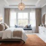 A luxurious basement bedroom with a king-sized bed, large egress windows, and a mix of textured pillows. The room features a brass crystal chandelier, white lacquered storage cabinets with brass hardware, and blue velvet upholstered window seat. A terracotta rug rests on marble herringbone flooring, complemented by pearl and ivory striped wallpaper and abstract artwork in blues and grays.