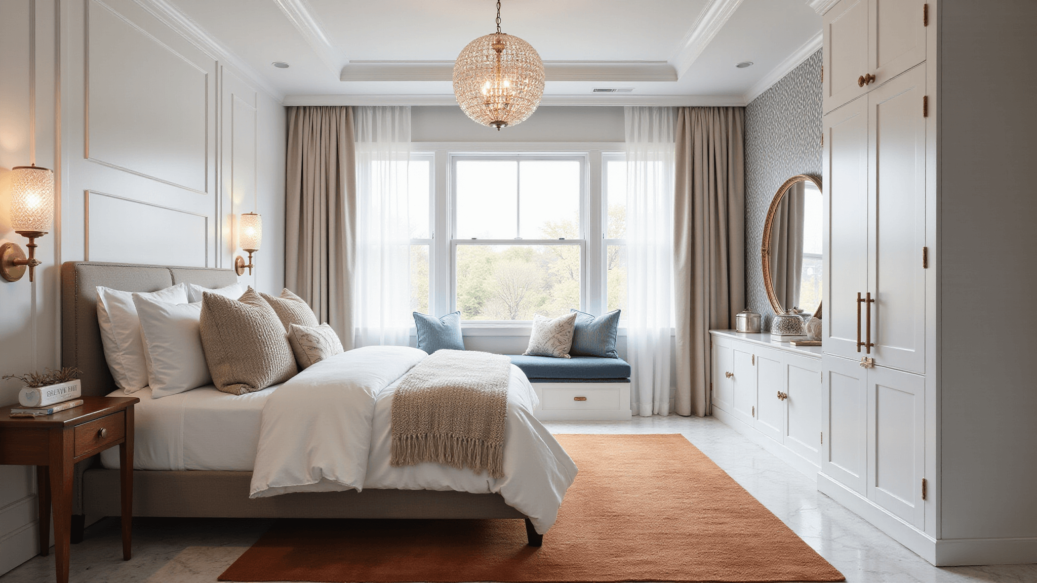 A luxurious basement bedroom with a king-sized bed, large egress windows, and a mix of textured pillows. The room features a brass crystal chandelier, white lacquered storage cabinets with brass hardware, and blue velvet upholstered window seat. A terracotta rug rests on marble herringbone flooring, complemented by pearl and ivory striped wallpaper and abstract artwork in blues and grays.