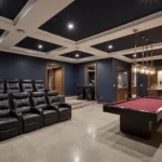 A luxurious, multi-purpose basement with dark navy walls, featuring a home theater with black recliners, a game area with a burgundy pool table and vintage arcade, and a fitness zone with mirror walls, all under elegant lighting and golden hour ambiance.