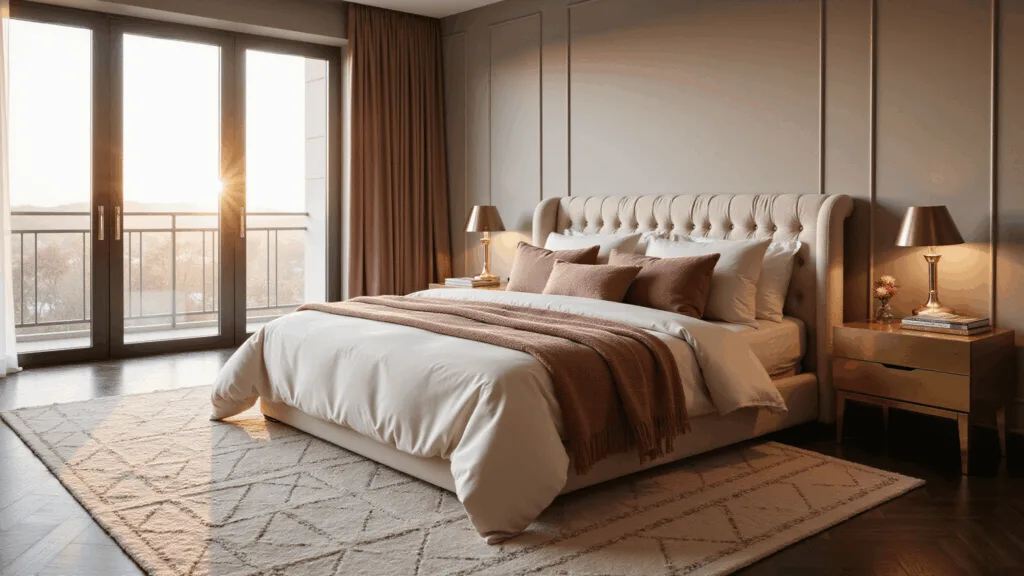 A luxurious master bedroom bathed in golden hour light, featuring a king-sized bed with a champagne tufted headboard, ivory silk sheets, and a plush blush pink duvet, complemented by modern brass nightstands and a cream Moroccan rug on dark hardwood floors.