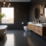 A luxurious master bathroom with dramatic black hexagonal tiles, featuring a white oval soaking tub, walnut double vanity with brass fixtures, and a modern chandelier, illuminated by golden hour light streaming through a large frosted window.