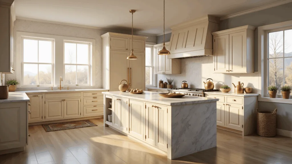 Photorealistic image of a spacious transitional kitchen featuring cream Shaker-style cabinets, a Carrara marble waterfall island, brushed gold hardware, and warm golden hour lighting streaming through large windows, highlighting hyper-realistic textures and architectural details.