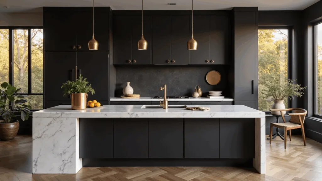 Cinematic interior of a luxury kitchen featuring matte black cabinets, Calacatta marble countertops, and brushed gold fixtures, illuminated by golden hour light through floor-to-ceiling windows, with styled vignettes of copper planters, ceramics, and citrus fruits against a herringbone floor.