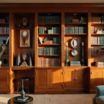 Art Deco penthouse library with walnut and brass inlay bookcase, leather-bound books, jade bookends, crystal decanters, bronze sculptures, peacock feathers, and golden hour lighting.