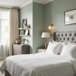A luxurious guest bedroom softly illuminated by morning sunlight through sheer curtains, featuring a queen-sized bed with elegant bedding, a tufted grey headboard, brass-trimmed nightstand, vintage dresser, and plush decor in a sophisticated color palette.