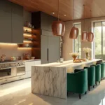 Photorealistic image of a modern kitchen at sunrise featuring a 10-foot marble waterfall breakfast bar with plush emerald green velvet barstools, brushed copper pendant lights, and floor-to-ceiling windows with golden morning light. The space includes white oak herringbone floors, floating glass cabinets with copper and brass serveware, and a breakfast spread with pastries and fresh fruits. A professional-grade coffee station and white hydrangeas in a glass vase add elegance, with high-end appliances and ultra-detailed textures throughout the design.