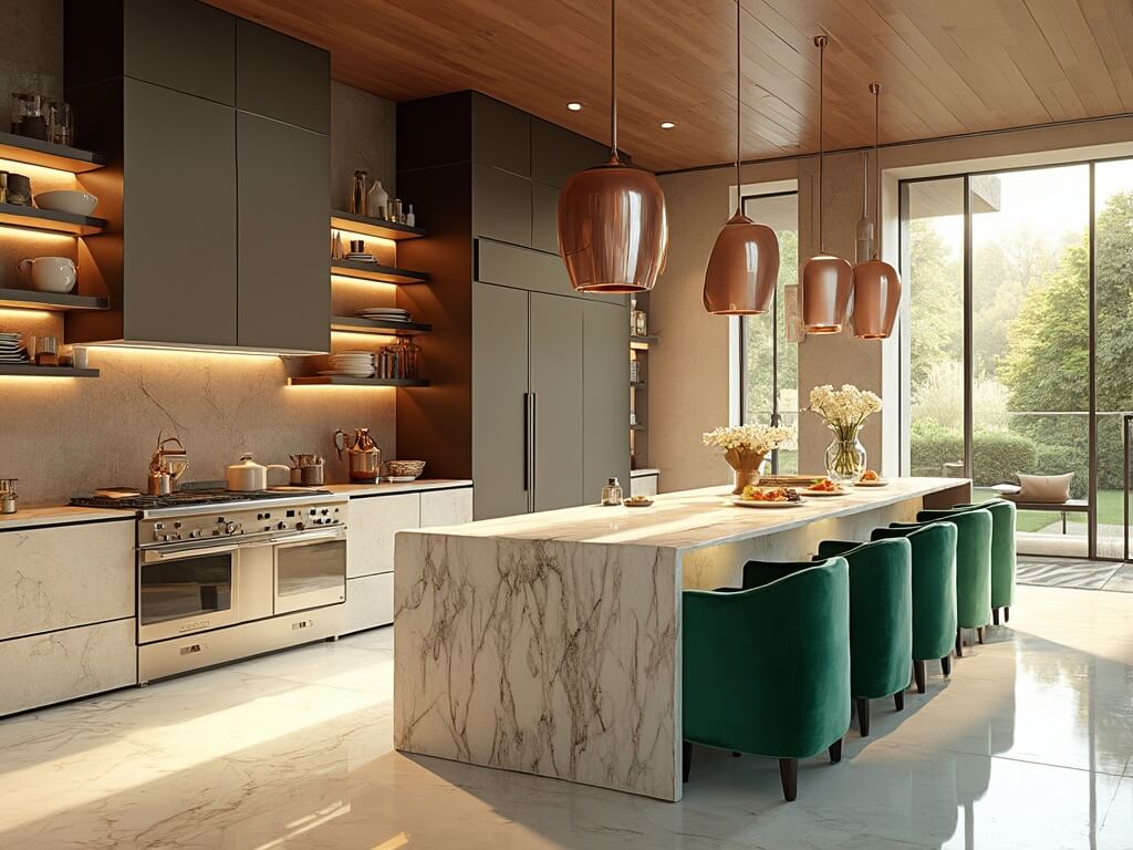 Photorealistic image of a modern kitchen at sunrise featuring a 10-foot marble waterfall breakfast bar with plush emerald green velvet barstools, brushed copper pendant lights, and floor-to-ceiling windows with golden morning light. The space includes white oak herringbone floors, floating glass cabinets with copper and brass serveware, and a breakfast spread with pastries and fresh fruits. A professional-grade coffee station and white hydrangeas in a glass vase add elegance, with high-end appliances and ultra-detailed textures throughout the design.