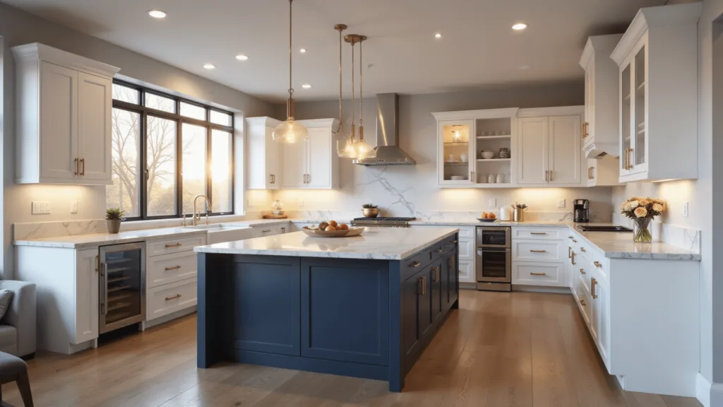 A luxurious modern kitchen with white Shaker cabinets, a navy blue island, Carrara marble countertops, brass hardware, and stainless steel appliances, bathed in golden hour light.