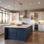 A luxurious modern kitchen with white Shaker cabinets, a navy blue island, Carrara marble countertops, brass hardware, and stainless steel appliances, bathed in golden hour light.