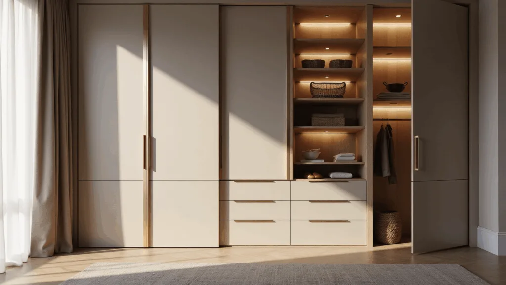 A luxurious master bedroom wardrobe made of white oak with matte champagne panels, featuring handle-less sliding doors, integrated LED lighting, and brushed brass accents, photographed during golden hour to highlight its elegant design and organization.