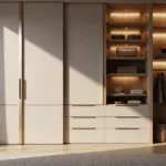 A luxurious master bedroom wardrobe made of white oak with matte champagne panels, featuring handle-less sliding doors, integrated LED lighting, and brushed brass accents, photographed during golden hour to highlight its elegant design and organization.