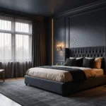 Cinematic wide-angle view of a luxurious dark bedroom featuring navy walls, a king-sized velvet tufted bed, silk bedding, ambient lighting, and rich textures, bathed in warm golden hour light.