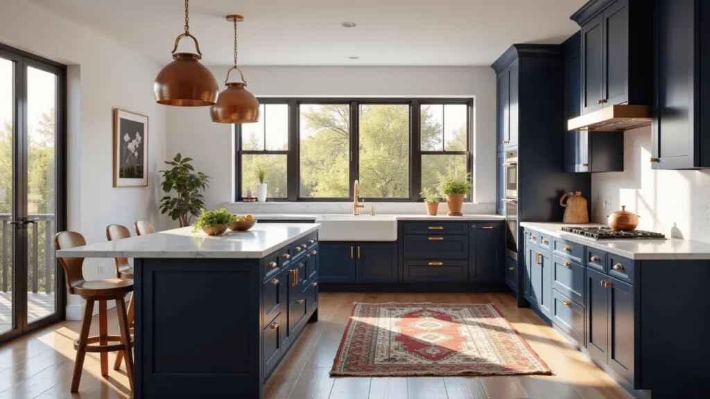 A luxurious navy blue kitchen with brass accents, quartz countertops, and Carrara marble backsplash, illuminated by golden morning light through black-framed windows, with a Persian rug on oak floors, copper pots, and terra cotta planters.