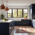 A luxurious navy blue kitchen with brass accents, quartz countertops, and Carrara marble backsplash, illuminated by golden morning light through black-framed windows, with a Persian rug on oak floors, copper pots, and terra cotta planters.