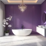 A luxurious master bathroom featuring a freestanding white porcelain tub against a Royal Purple wall, illuminated by morning sunlight through large windows, with Carrara marble hexagonal floor tiles, a modern brass chandelier, floating double vanity, and oversized round mirrors.