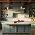 Photorealistic luxury kitchen with sage green cabinets, brass accents, white marble surfaces, and floor-to-ceiling windows casting golden light.