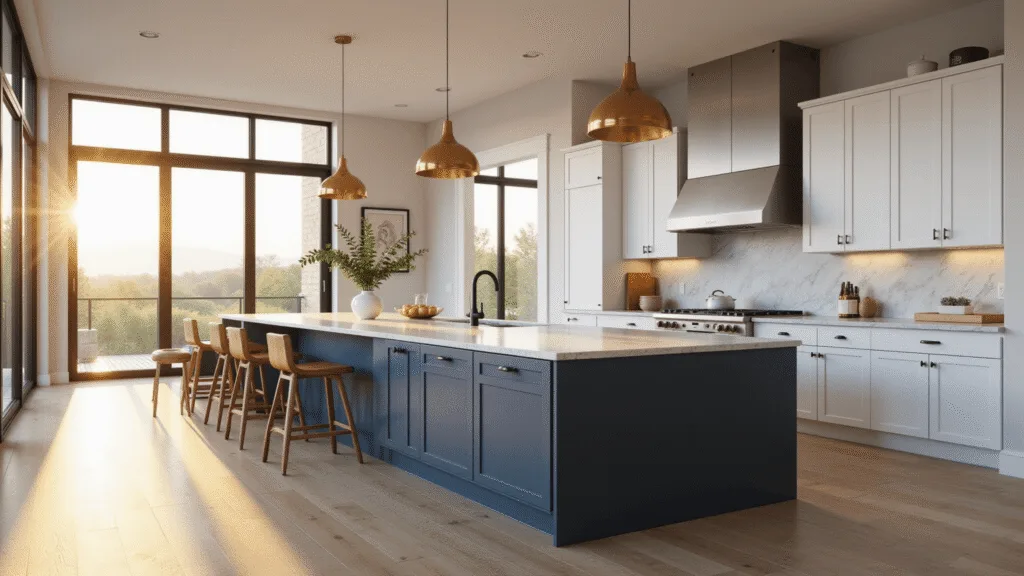 A spacious modern Shaker kitchen featuring white cabinets, a navy blue island, Carrara marble countertops, and brushed brass pendant lights, captured during golden hour with warm sunlight illuminating the scene and highlighting its luxurious details.