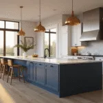 A spacious modern Shaker kitchen featuring white cabinets, a navy blue island, Carrara marble countertops, and brushed brass pendant lights, captured during golden hour with warm sunlight illuminating the scene and highlighting its luxurious details.