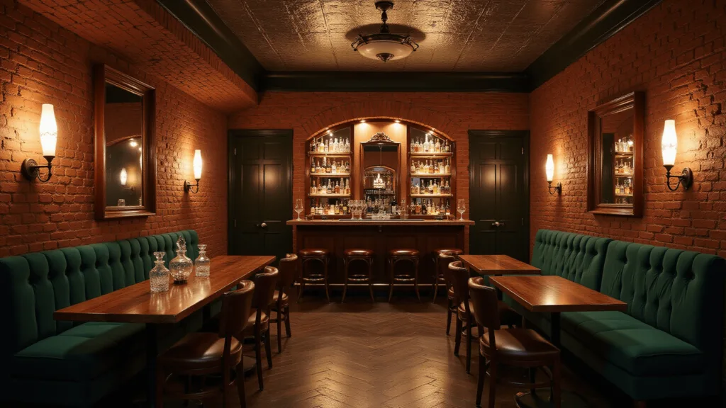 A photorealistic image of a dimly lit basement speakeasy bar with arched brick walls, vintage copper sconces, a pressed tin ceiling, and luxurious emerald velvet banquettes. The walnut bar features a brass footrail and leather-topped barstools, while crystal decanters gleam under warm amber lighting. Backlit glass shelves display premium spirits, with dramatic uplighting and antique mirrors adding to the moody evening ambiance.