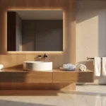 A luxury bathroom with a teak slat wall, LED lighting, white rolled towels, marble flooring, chrome fixtures, and morning light through frosted windows.