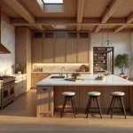 A luxurious open-concept kitchen featuring white oak cabinets, Calacatta marble countertops, and brass hardware, illuminated by golden hour light streaming through large windows, with professional appliances and minimalist decor.