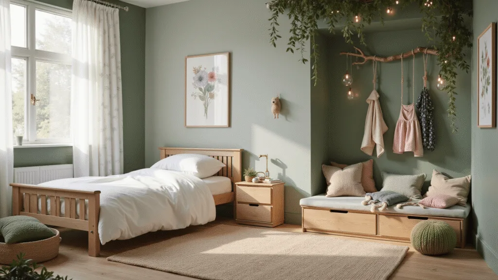 Photorealistic image of a whimsical children's bedroom featuring cloud-like bedding, sage green walls with botanical prints, large windows with sheer curtains, a cozy reading nook with floor cushions, and warm LED string lights, all styled with stuffed woodland creatures and storybooks.