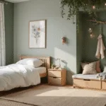 Photorealistic image of a whimsical children's bedroom featuring cloud-like bedding, sage green walls with botanical prints, large windows with sheer curtains, a cozy reading nook with floor cushions, and warm LED string lights, all styled with stuffed woodland creatures and storybooks.