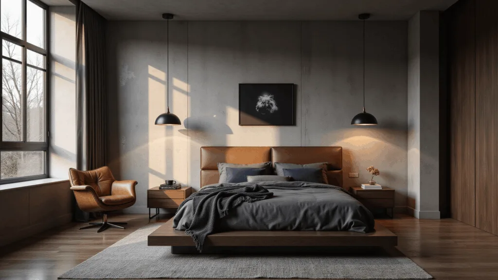 A luxurious masculine bedroom featuring a low-profile platform bed, industrial pendant lights, a vintage leather armchair, and rich textures, captured during golden hour with dramatic shadows and soft light.