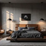 A luxurious masculine bedroom featuring a low-profile platform bed, industrial pendant lights, a vintage leather armchair, and rich textures, captured during golden hour with dramatic shadows and soft light.