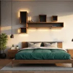 Photorealistic modern bedroom interior with a minimalist platform bed in emerald green and stone grey, geometric cube shelving, ambient LED lighting, and subtle Minecraft-inspired decor, illuminated by golden hour sunlight.