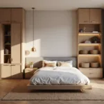 A minimalist bedroom featuring floor-to-ceiling white oak floating shelves, a platform bed with hidden storage, brass-accented wall sconces, and an arched floor mirror, illuminated by morning golden hour light through sheer curtains, with a neutral color palette and layered lighting.